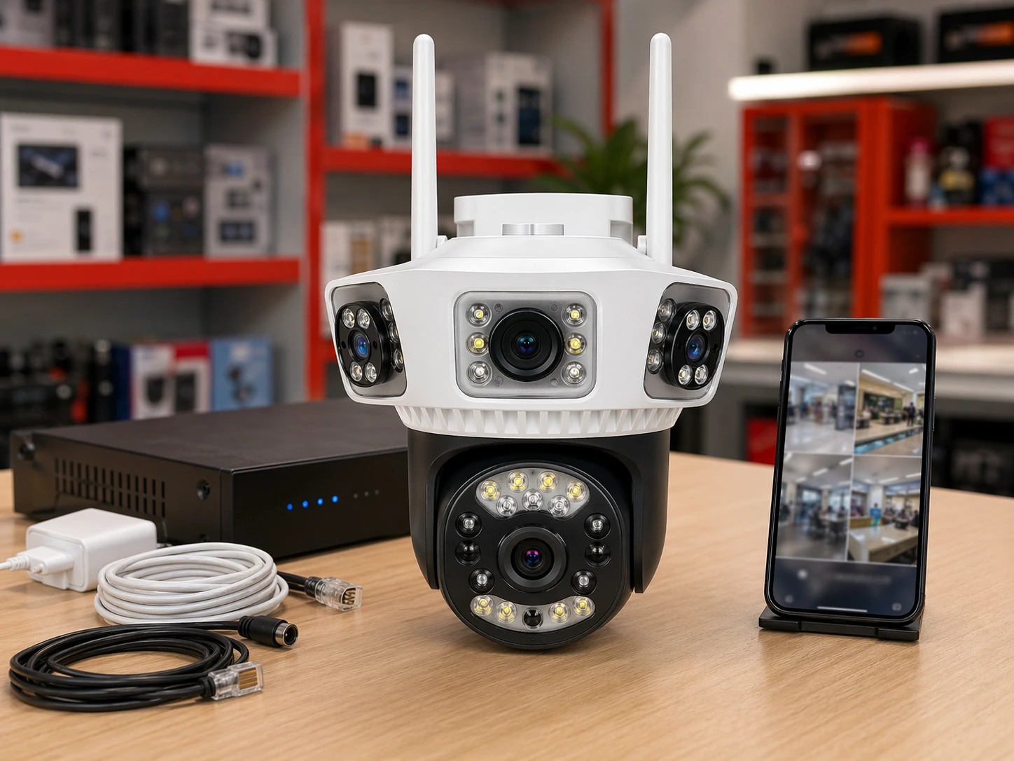 Camera an ninh 4 mắt dạng một cụm camera đa ống kính kèm điện thoại xem từ xa.