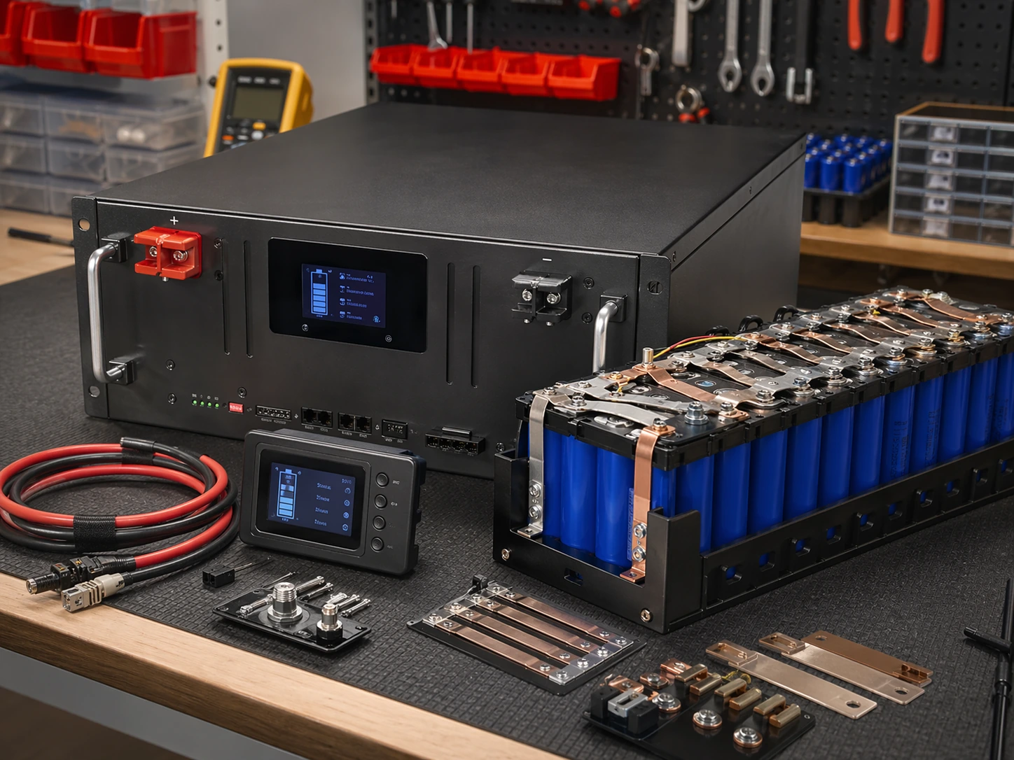 Bộ pin lưu trữ LiFePO4, cell và mạch BMS trên bàn kỹ thuật.